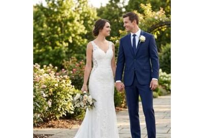 Groom wearing a custom navy wedding suit for a modern wedding.