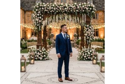 Popular wedding suit colors for modern grooms including navy blue, black, charcoal gray, and light gray.